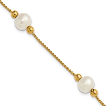 10k Polished 8-9mm Semi-Round White Freshwater Cultured Pearl 3-Station 7.5 inch Bracelet