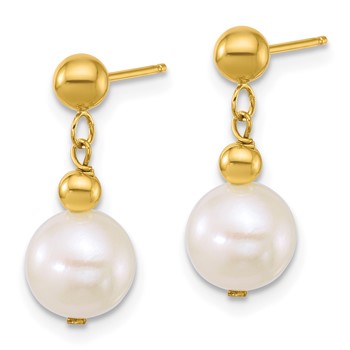 10k Polished 7-8mm Semi-Round White Freshwater Cultured Pearl Dangle Post Earrings — alternate view
