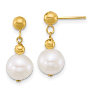10k Polished 7-8mm Semi-Round White Freshwater Cultured Pearl Dangle Post Earrings