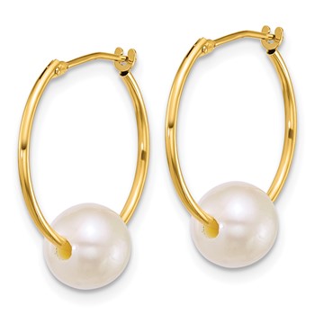 10k Polished 7-8mm Semi-Round White Freshwater Cultured Pearl Hoop Earrings — alternate view