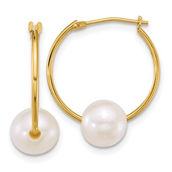 10k Polished 7-8mm Semi-Round White Freshwater Cultured Pearl Hoop Earrings