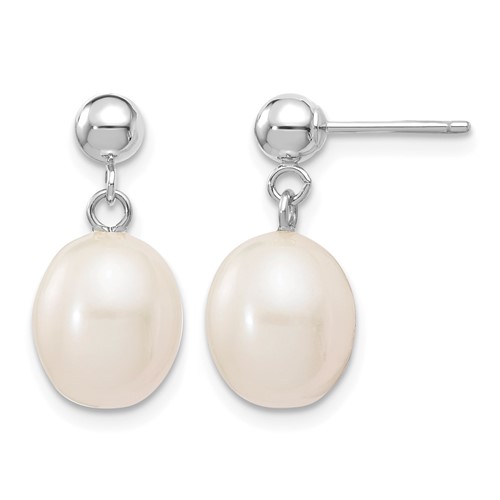 10k WG 8-9mm White Rice FWC Pearl Dangle Post Earrings