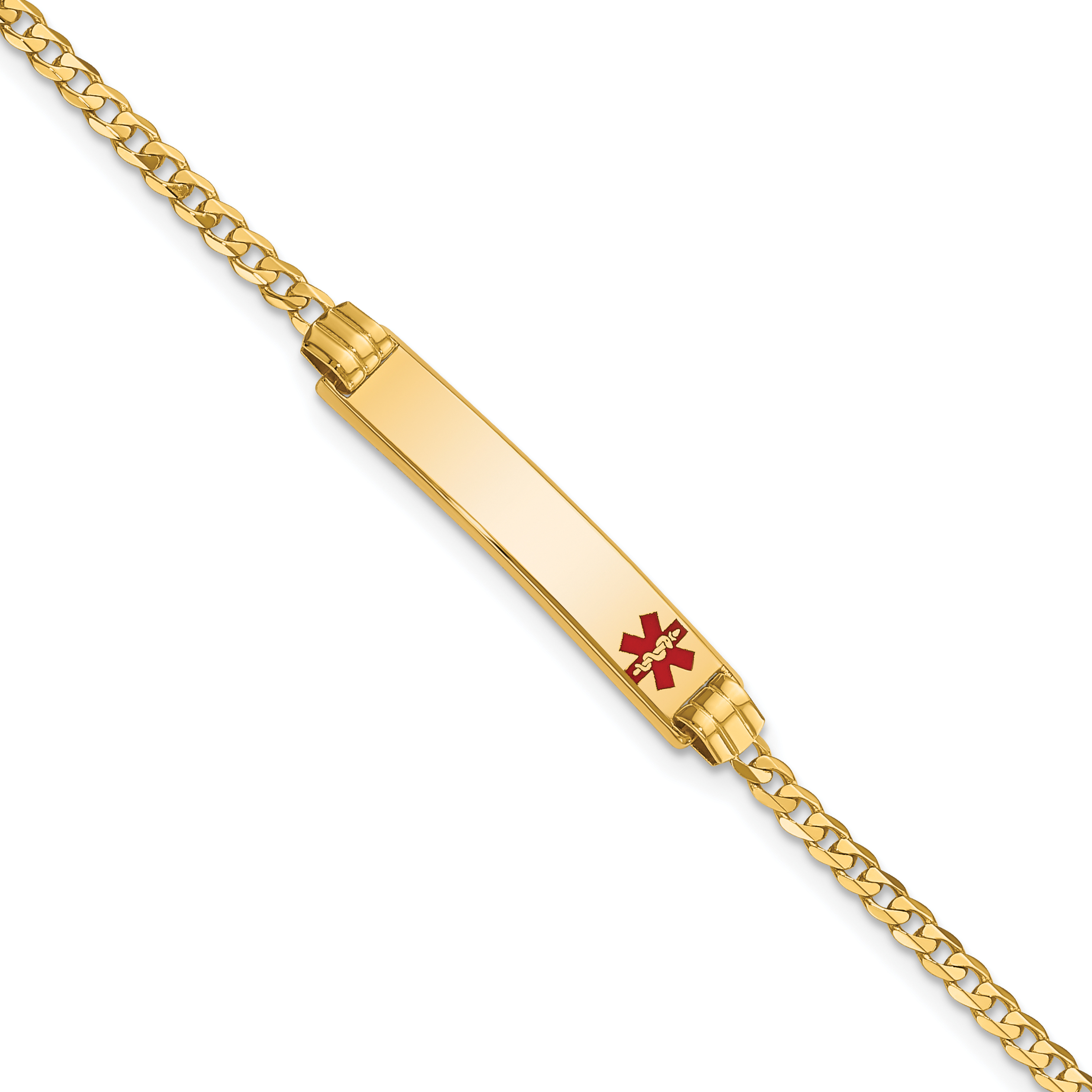 10k Medical Solid Chain/Solid Plate 26x5mm Off-Center Red Enamel Curb Link 7 inch ID Bracelet