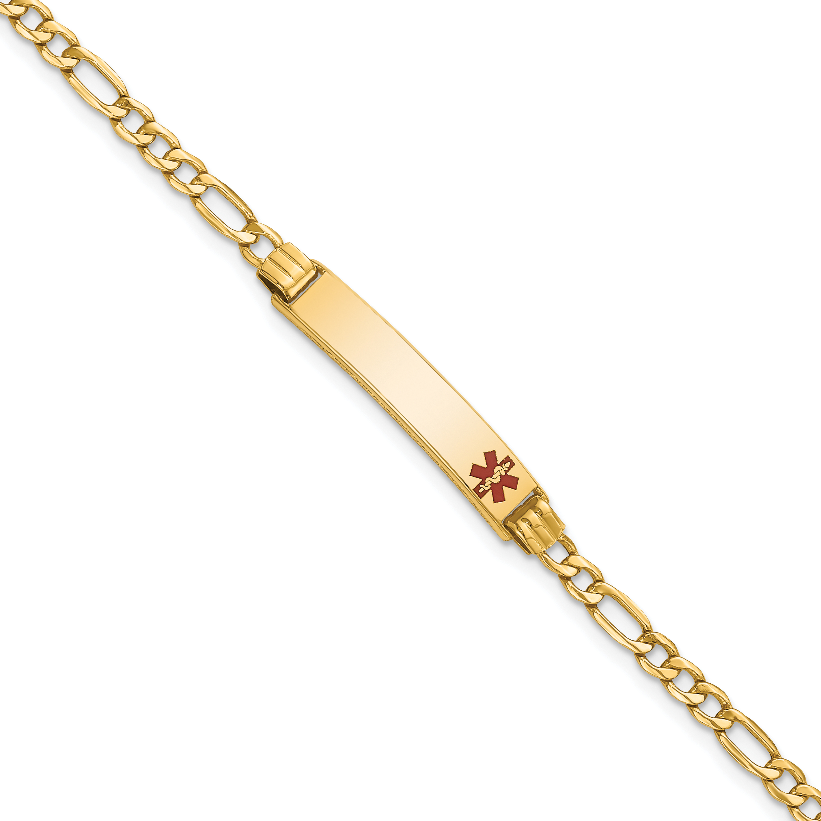 10k Medical Semi-Solid Chain/Solid Plate 26x5mm Off-Center Red Enamel Figaro Link 7 inch ID Bracelet