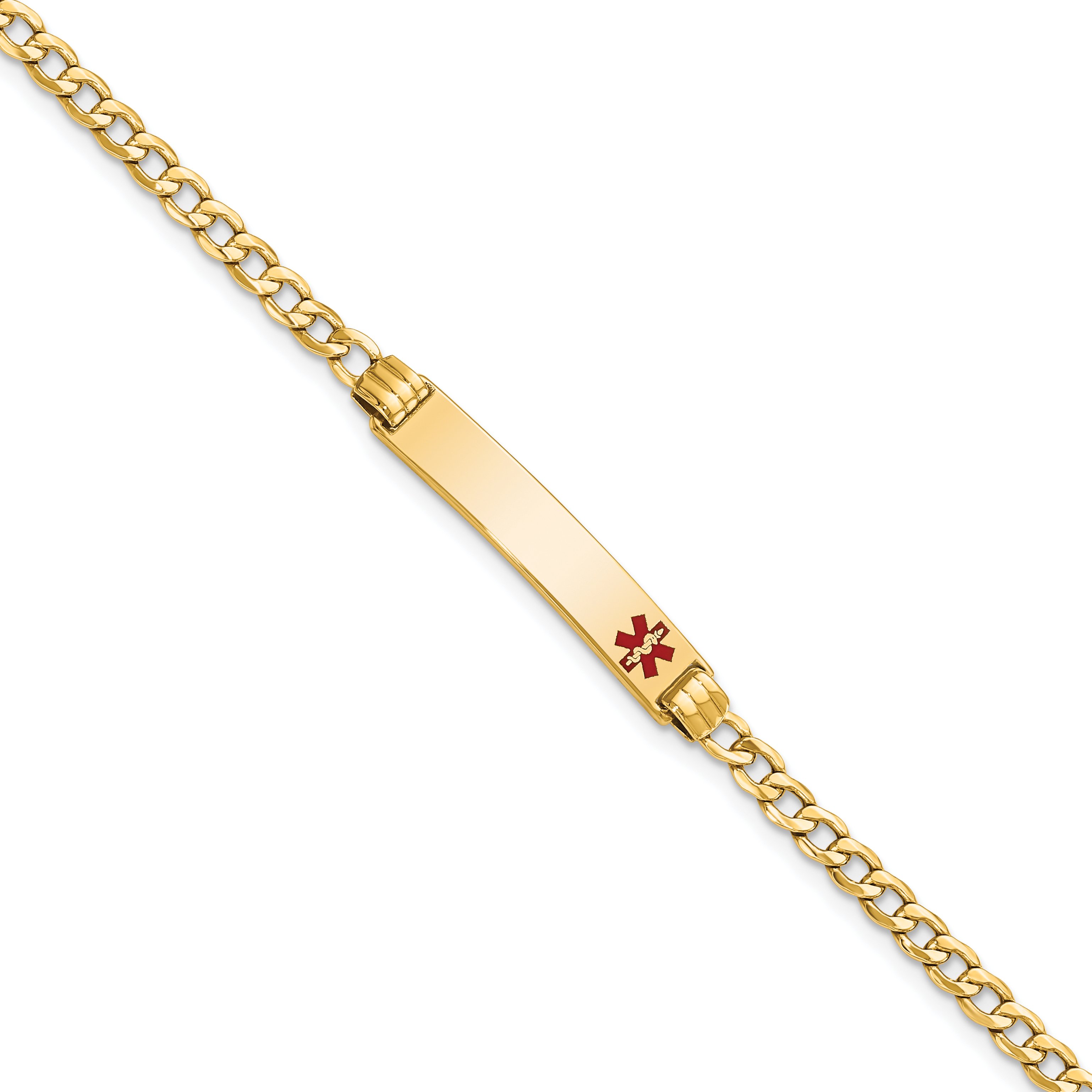 10k Medical Semi-Solid Chain/Solid Plate 26x5mm Off-Center Red Enamel Cuban Link 7 inch ID Bracelet