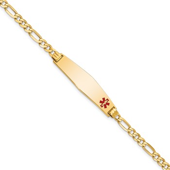 10K Medical Soft Diamond Shape Red Enamel Flat Figaro Link ID Bracelet