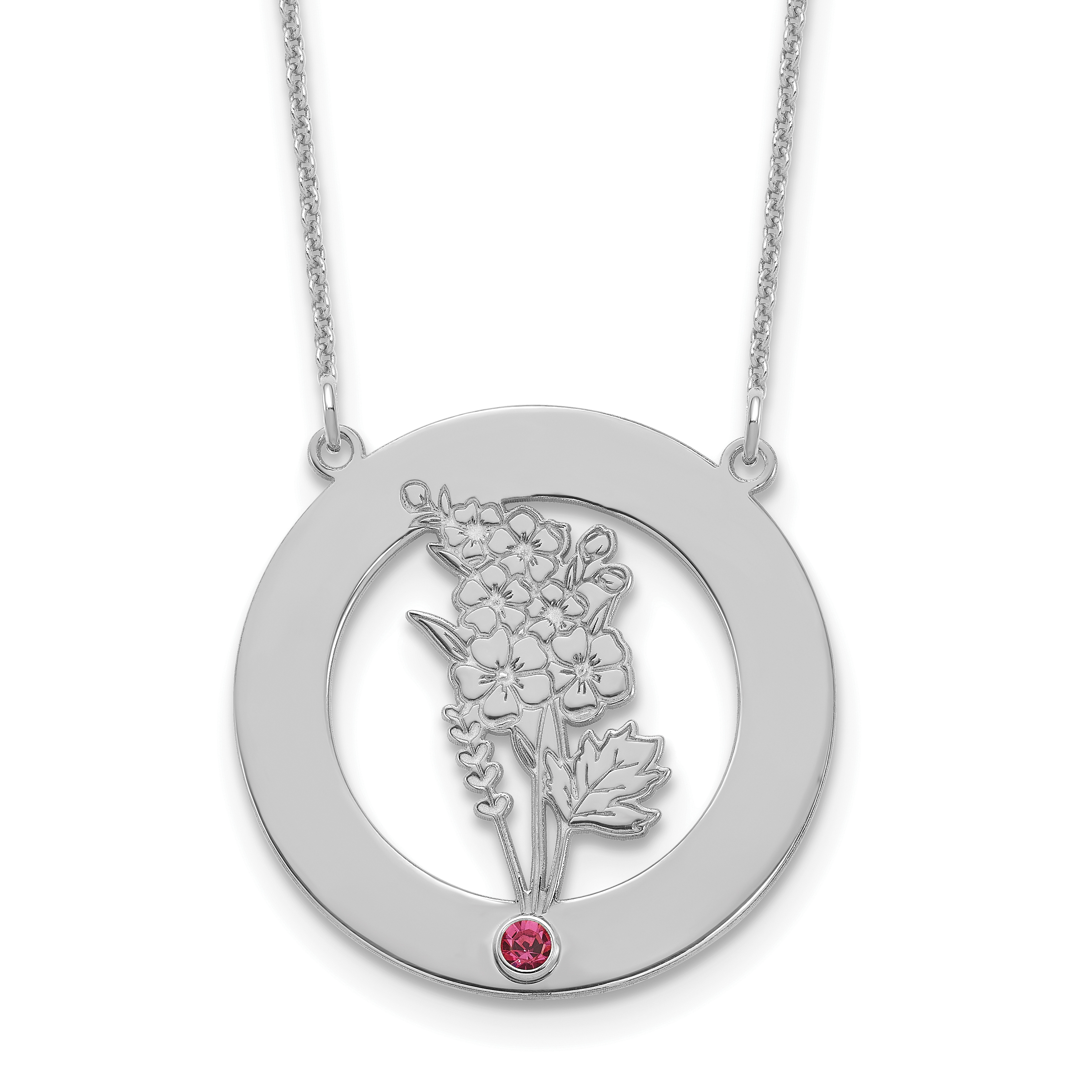 10k White Gold Circle w/1 Birth Flower and Birthstone Necklace