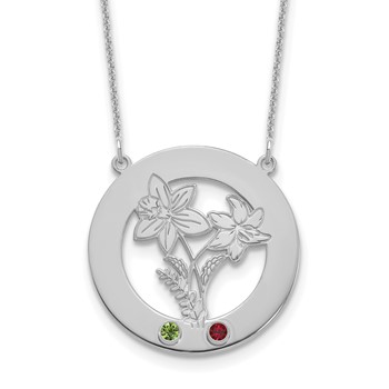 10k White Gold Circle w/2 Birth Flower and Birthstone Necklace