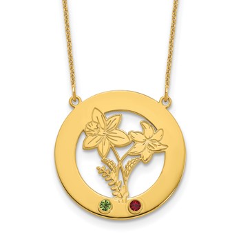 10k Yellow Gold Circle w/2 Birth Flower and Birthstone Necklace
