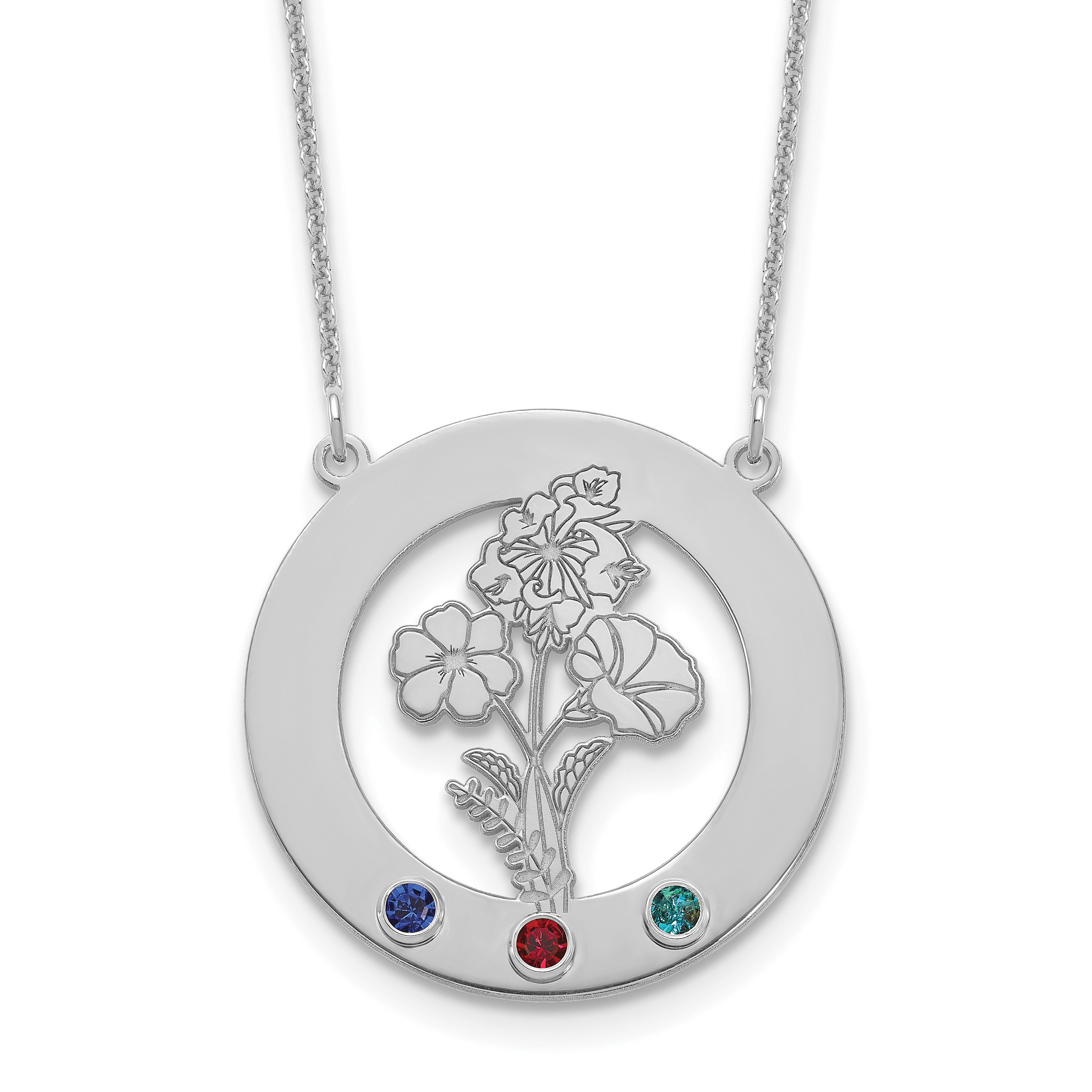 10k White Gold Circle w/3 Birth Flower and Birthstone Necklace