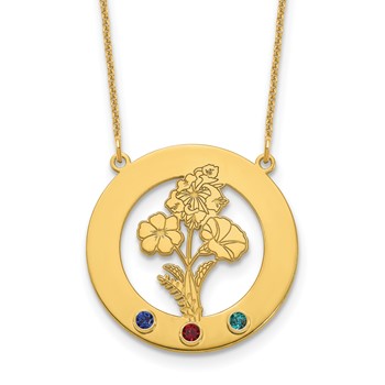 10k Yellow Gold Circle w/3 Birth Flower and Birthstone Necklace