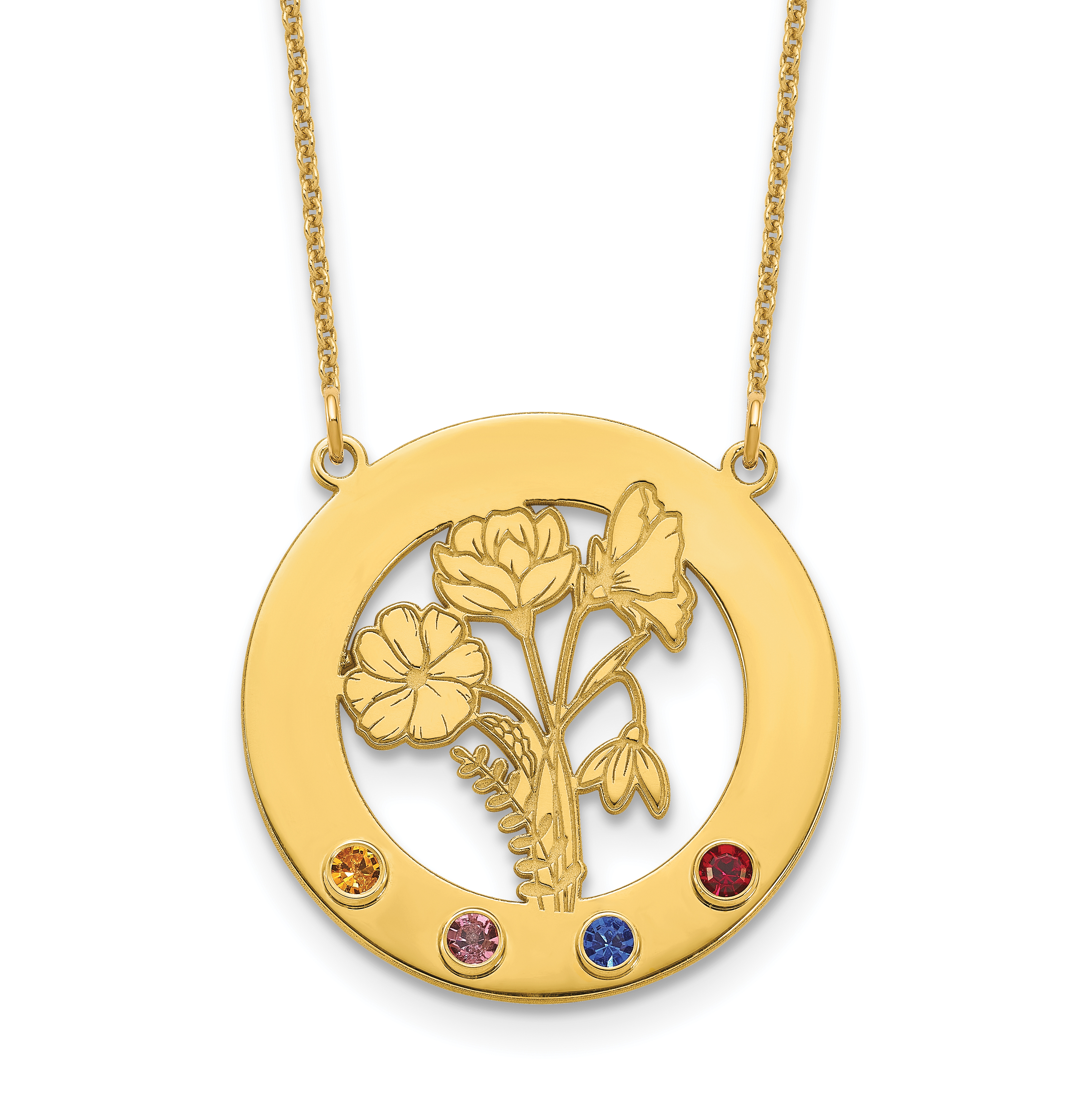 10k Yellow Gold Circle w/4 Birth Flower and Birthstone Necklace