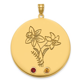 10k Yellow Gold Circle w/2 Birth Flower and Birthstone Pendant