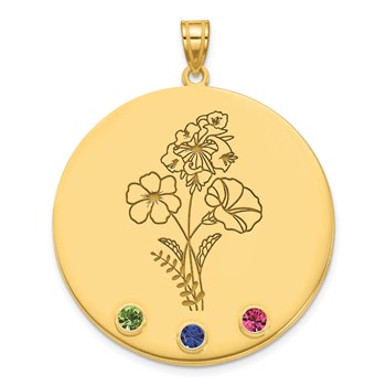 10k Yellow Gold Circle w/3 Birth Flower and Birthstone Pendant