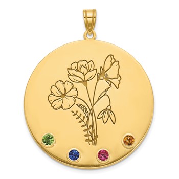 10k Yellow Gold Circle w/4 Birth Flower and Birthstone Pendant