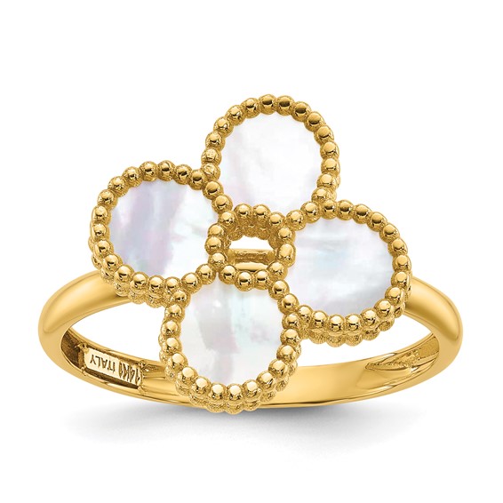Herco 14K Polished and Beaded Mother of Pearl Flower Ring 