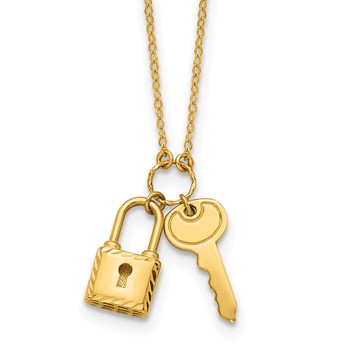 Herco 14K Polished and Textured Lock and Key 16 Inch with 2 Inch Extension Necklace