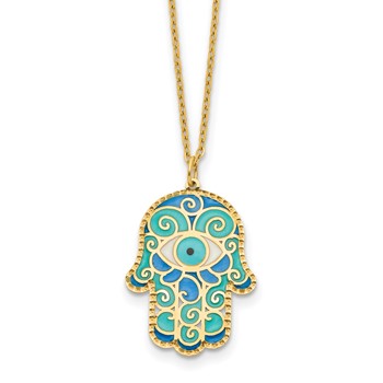 Herco 14K Polished Blue Enamel Hamsa 16 Inch with 2 Inch Extension Necklace