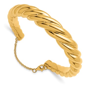 Herco 14K Polished and Twisted w/ Safety Chain Cuff Bangle