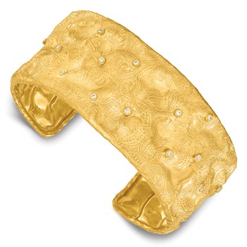 Herco 14K Satin and Textured Diamond Solid Coin Design Cuff Bangle