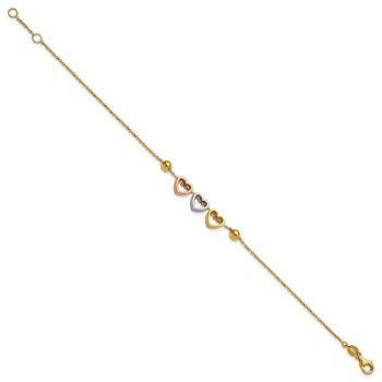 Herco 14K Tri-color Polished and Beaded 3 Heart 7 Inch with .5 Inch Extension Bracelet — alternate view