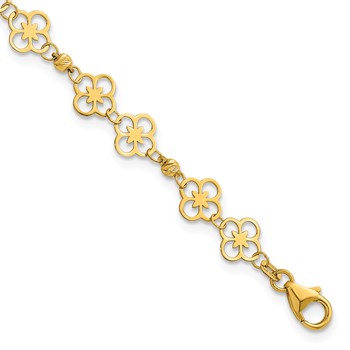 Herco 14K Polished Fancy Clover Link and Diamond-cut Beaded 7 Inch Bracelet