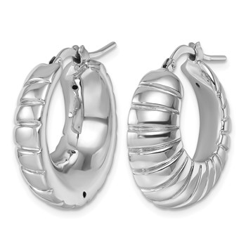 Herco 14K White Gold Rhodium-plated Polished and Grooved Round Hoop Earrings — alternate view