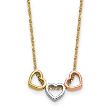 Herco 14K Tri-color Polished Three Heart 16in w/ 2in Ext Necklace