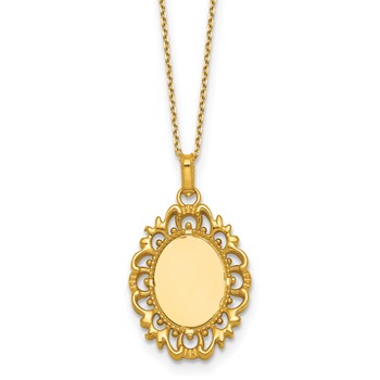 Herco 14K Polished Solid Oval Mirror with Fancy Bezel 16 Inch with 1.75 Inch Extension Necklace