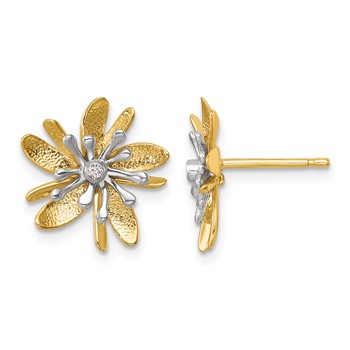 Herco 14K Two-tone Polished and Textured Diamond Flower Post Earrings