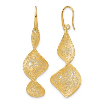 Herco 14K Polished Brushed and Textured Fancy Swirl Shephard Hook Dangle Earrings