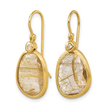 Herco 14K Polished and Satin Fancy Diamond and Rutilated Quartz Shephard Hook Dangle Earrings — alternate view