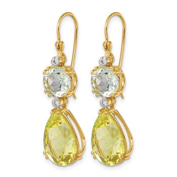 Herco 14K Polished with White Rhodium Polished Fancy Diamond with Green and Lemon Quartz Shephard Hook Dangle Earrings — alternate view