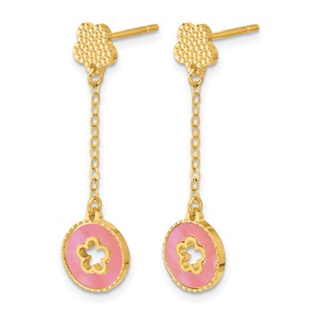 Herco 14K Polished and Beaded Pink and White Mother of Pearl Flowers Post Dangle Earrings — alternate view