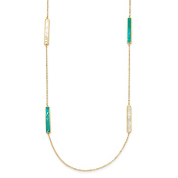 Herco 14K Polished Teal/White Mother of Pearl Reversible 30mm Bar 34 Inch Necklace