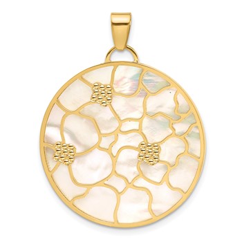 Herco 14K Polished and Beaded Reversible Pink and White Mother of Pearl Floral Circle Pendant