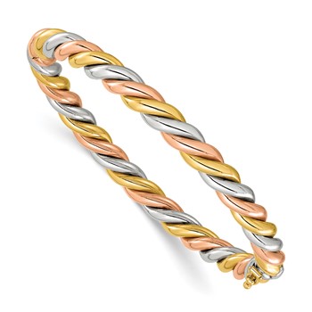 Herco 14K Tri-Color Gold Polished and Twisted 6.3mm Hinged Bangle