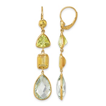 Herco 14K Polished Fancy Citrine Lemon Quartz and Green Quartz Leverback Dangle Earrings
