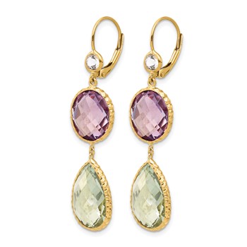 Herco 14K Polished and Textured Fancy White Topaz with Pink and Green Quartz Leverback Dangle Earrings — alternate view