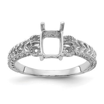 14k White Gold Holds 4-1.3mm Round and 1-7x5 Emerald-cut Gemstone Ring Mounting