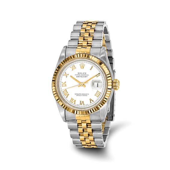 Swiss Crown™ USA Pre-owned Rolex-Independently Certified Steel and 18k 31mm Jubilee Datejust White Dial and Fluted Bezel Watch