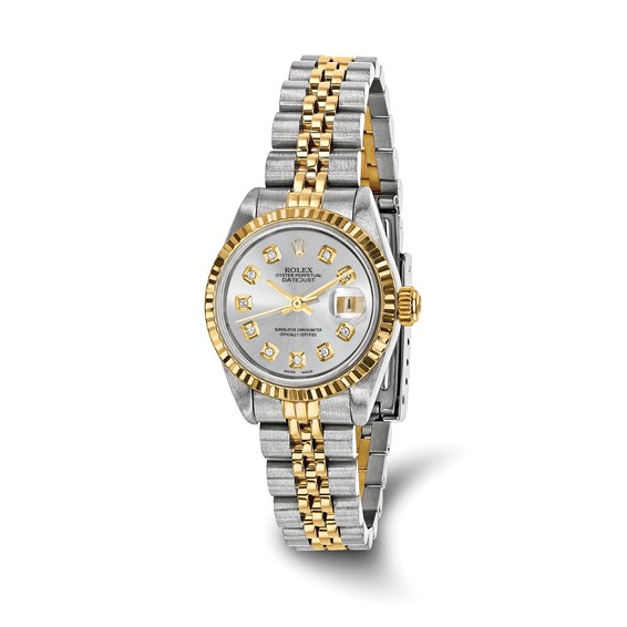 Swiss Crown™ USA Pre-owned Rolex-Independently Certified Steel and 18k 26mm Jubilee Datejust Silver Diamond Dial and Fluted Bezel Watch