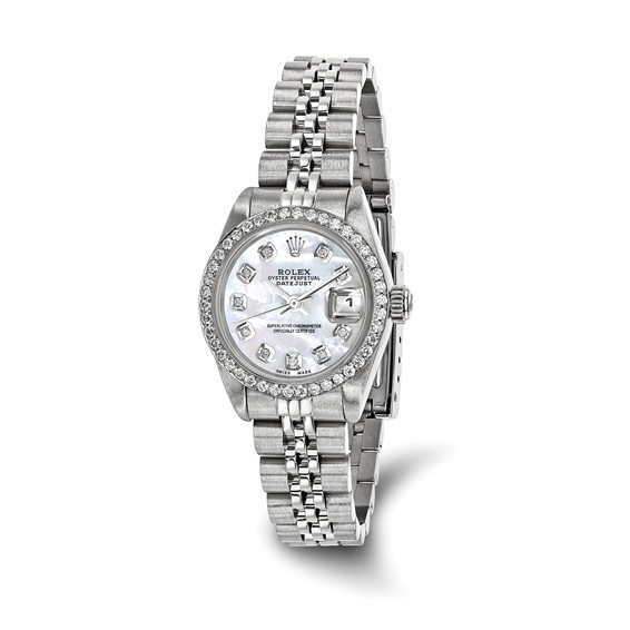 Swiss Crown™ USA Pre-owned Rolex-Independently Certified Steel 26mm Jubilee Datejust Mother of Pearl Diamond Dial and Bezel Watch