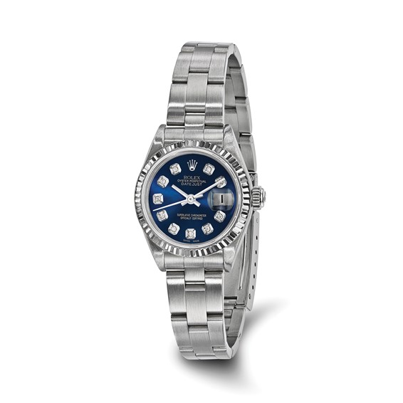 Swiss Crown™ USA Pre-owned Rolex-Independently Certified Steel 26mm Oyster Datejust Blue Diamond Dial and 18k Fluted Bezel Watch