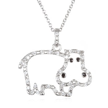 Sterling Silver Rhodium-plated Polished Enameled CZ Hippopotamus 16 Inch with 2 Inch Extension Necklace