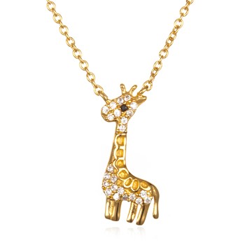 Sterling Silver Gold-plated Polished and Textured Black and White CZ Giraffe 16 Inch with 2 Inch Extension Necklace