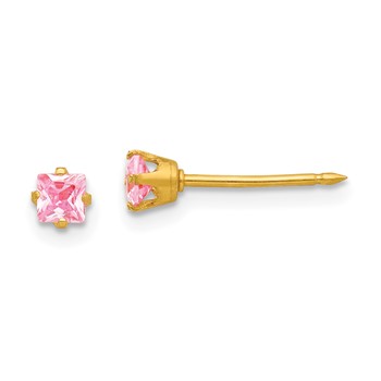 Inverness 14k 3mm Square Pink CZ Post Piercing Earrings