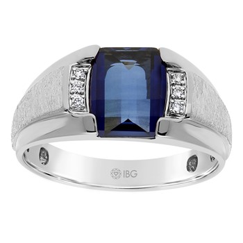 Men's White Gold Created Sapphire and Diamond Accent Ring with Satin Finish