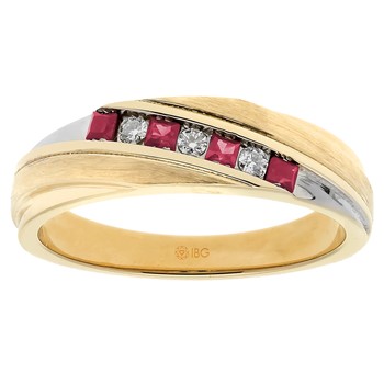 Men's 10K Yellow Gold .09ct tw Diamond and Lab Created Ruby Wedding Band