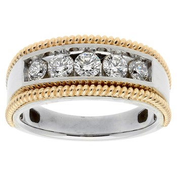 IBGoodman 14k Two-tone Men's Polished Satin and Textured 5-Stone 1 Carat A Quality Diamond Ring